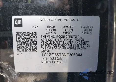 2022 Chevrolet Malibu Rs из США, поврежденный, VIN 1G1ZG5ST8NF205344